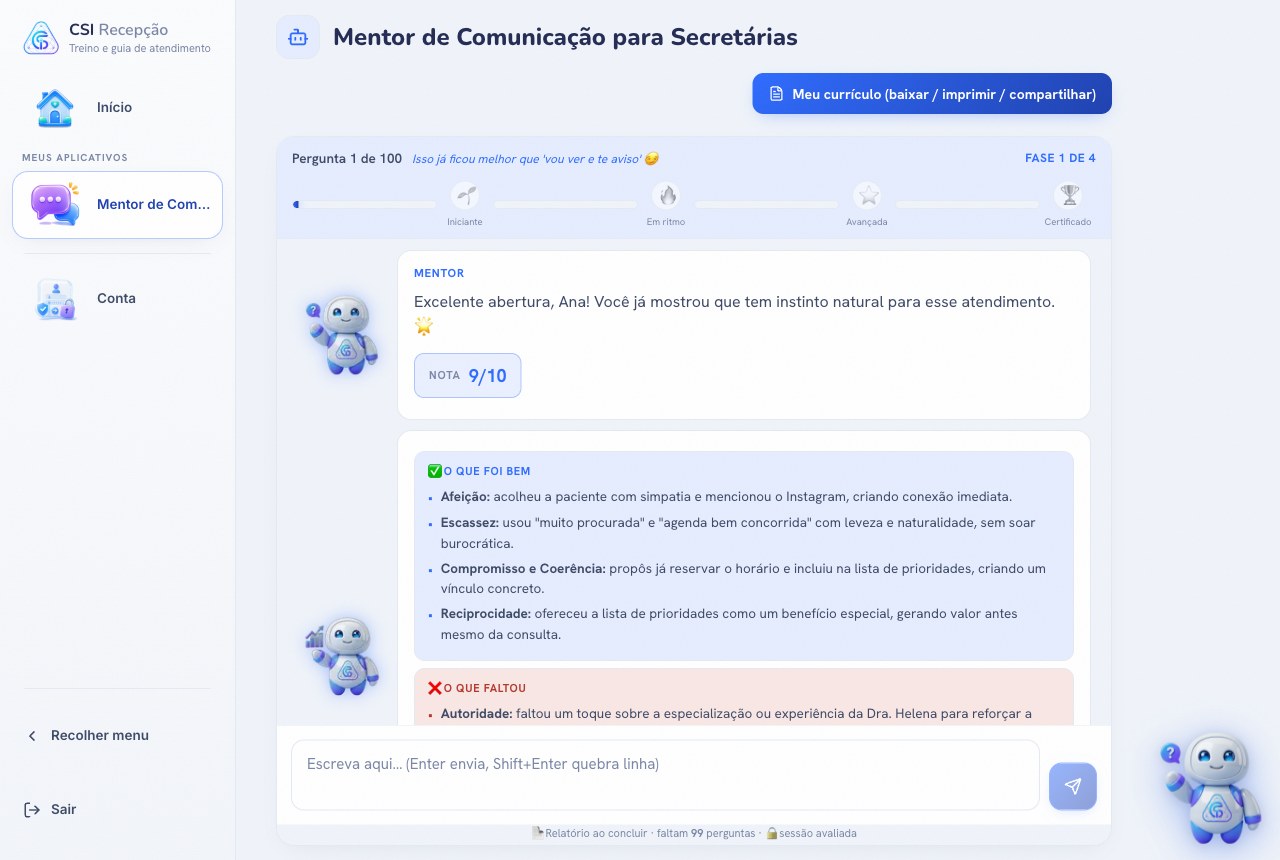 Tela do treinamento: a situação do paciente, a resposta da secretária e a avaliação do Mentor com a nota